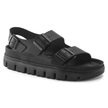 Load image into Gallery viewer, Black Birkenstock Women&#39;s Milano Chunky ESQ Three-Strap Platform Leather Sandal Profile View
