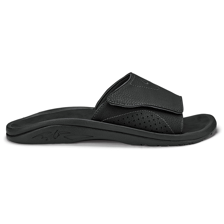 Black Olukai Men's Nalu Water Resistant Synthetic Sport Slide Sandal Side View