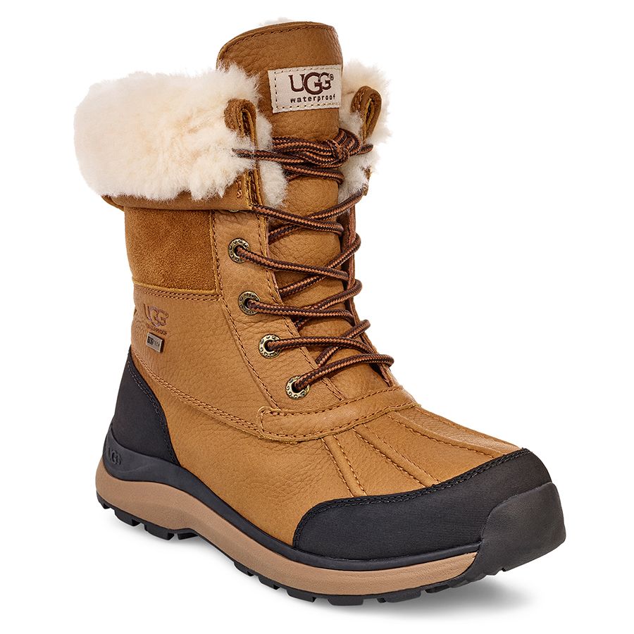 Chestnut Tan With Black UGG Women's Adirondack III Waterproof Leather With Fuzzy White Collar Insulated Winter Combat Boot Profile View