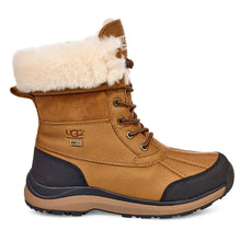 Load image into Gallery viewer, Chestnut Tan With Black UGG Women&#39;s Adirondack III Waterproof Leather With Fuzzy White Collar Insulated Winter Combat Boot Side View
