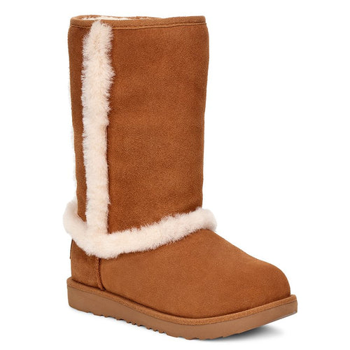 Chestnut Tan With White Fuzzy Trim UGG Women's Hadley II Waterproof Tall Suede Boot Wool Lined Sizes 13 and 1 to 5