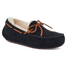 Load image into Gallery viewer, Black With Tan Lacing UGG Women&#39;s Dakota Water Repellent Suede Slipper With White Furry Lining Profile View
