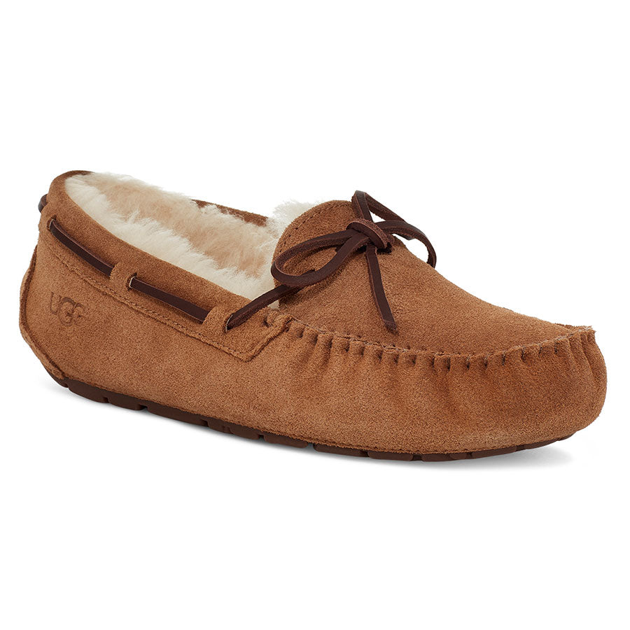 Chestnut Tan With Brown Lacing UGG Women's Dakota Water Repellent Suede Slipper With White Furry Lining Profile View