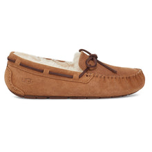 Load image into Gallery viewer, Chestnut Tan With Brown Lacing UGG Women&#39;s Dakota Water Repellent Suede Slipper With White Furry Lining Side View

