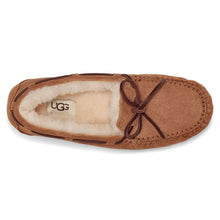 Load image into Gallery viewer, Chestnut Tan With Brown Lacing UGG Women&#39;s Dakota Water Repellent Suede Slipper With White Furry Lining Top View
