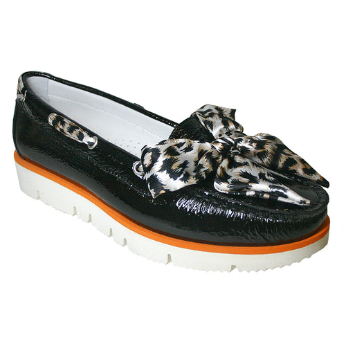 Black With Orange And White Sole Di Chenzo Women's 1132 Patent Leather Loafer With Leopard Print Fabric Bow Ornament