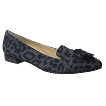 Load image into Gallery viewer, Grey And Black Brunate Women&#39;s Vivi Leopard Print Suede Loafer With Black Tassels Profile View
