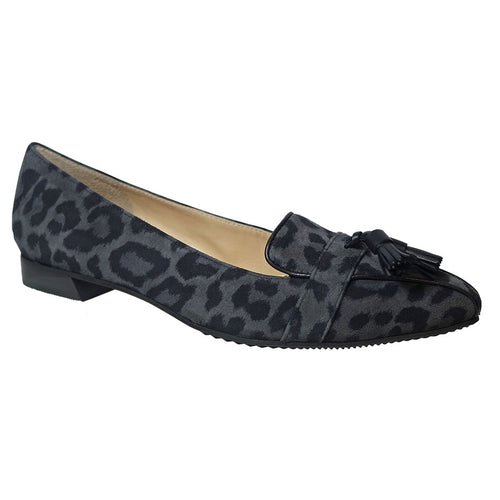 Grey And Black Brunate Women's Vivi Leopard Print Suede Loafer With Black Tassels Profile View