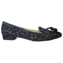 Load image into Gallery viewer, Grey And Black Brunate Women&#39;s Vivi Leopard Print Suede Loafer With Black Tassels Side View

