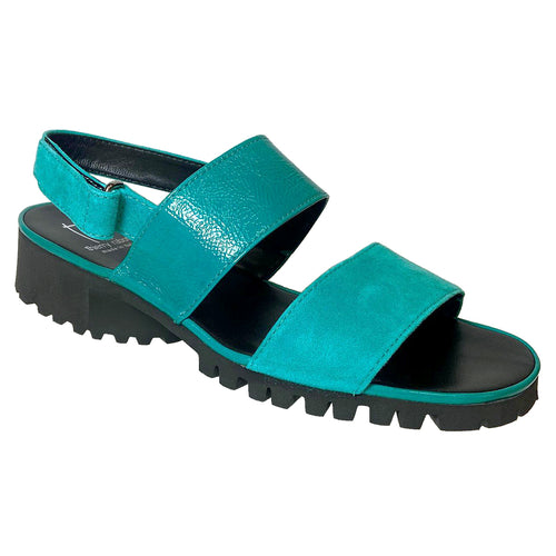 Turquoise Blue With Black Sole Thierry Rabotin Women's Stella Suede And Crinkle Patent Triple Strap Slingback Sandal