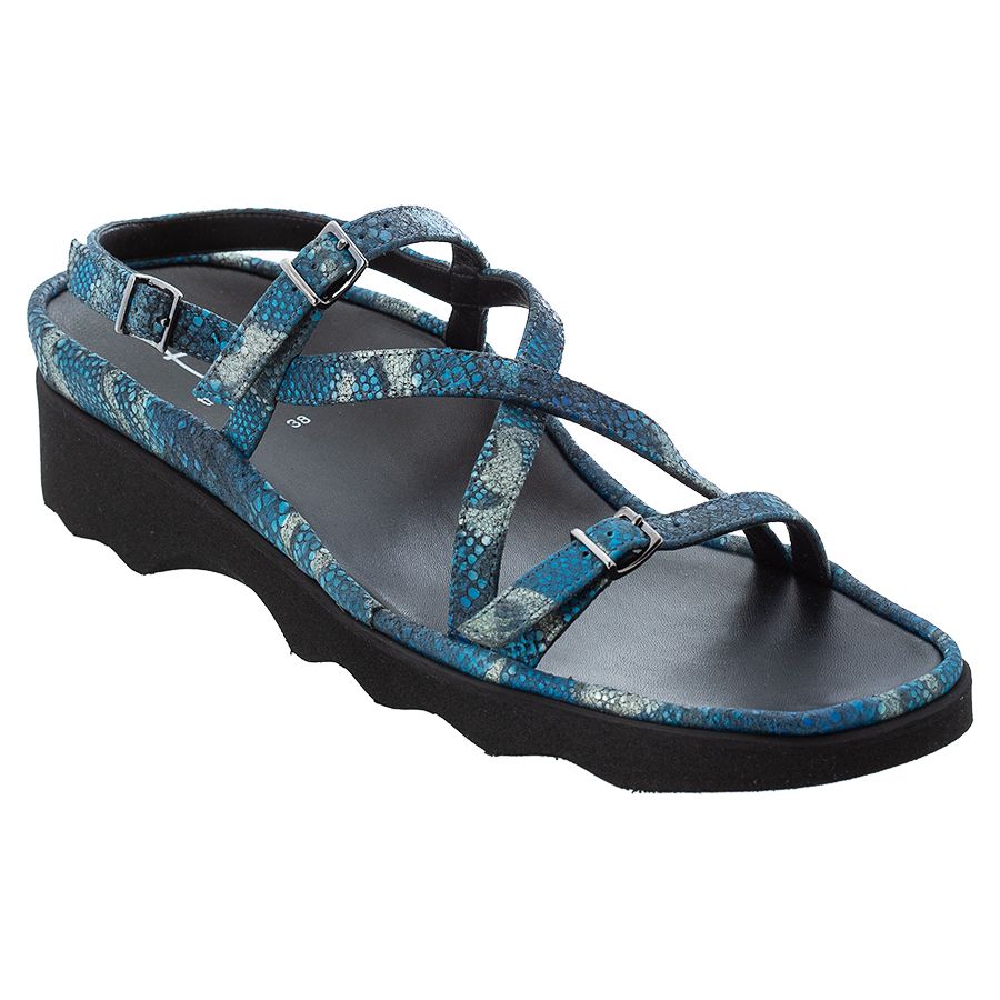 Blue And Grey With Black Sole Thierry Rabotin Women's Wave Lizard Print Leather Strappy Wedge Sandal