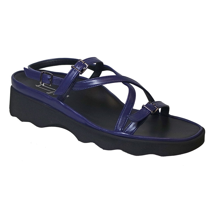 Blue With Black Sole Thierry Rabotin Women's Wave Leather Strappy Wedge Sandal