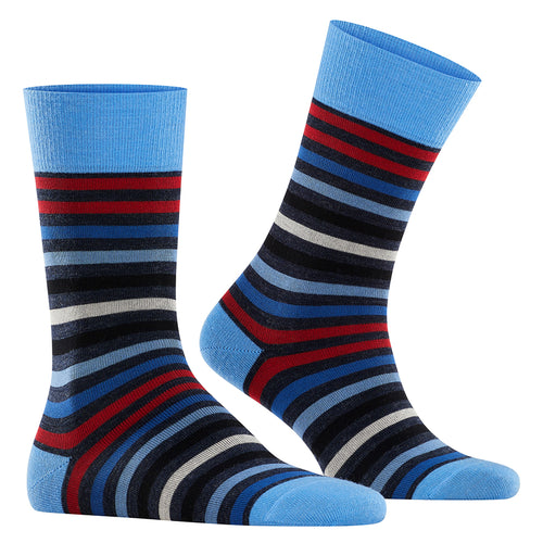 Light BLue With Red And White And Black Falke Men's Tinted Stripe Wool Blend Calf Length Sock