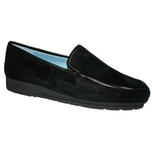 Load image into Gallery viewer, Black Thierry Rabotin Women&#39;s Gabriella Suede With Leather Trim Dress Loafer Profile View
