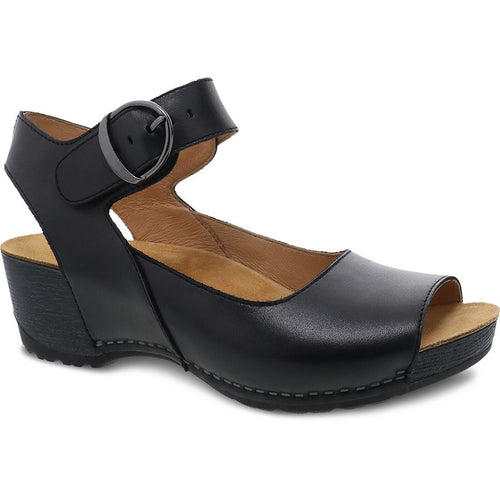 Black Dansko Women's Tiana Leather Quarter Strap Peep Toe Sandal Profile View