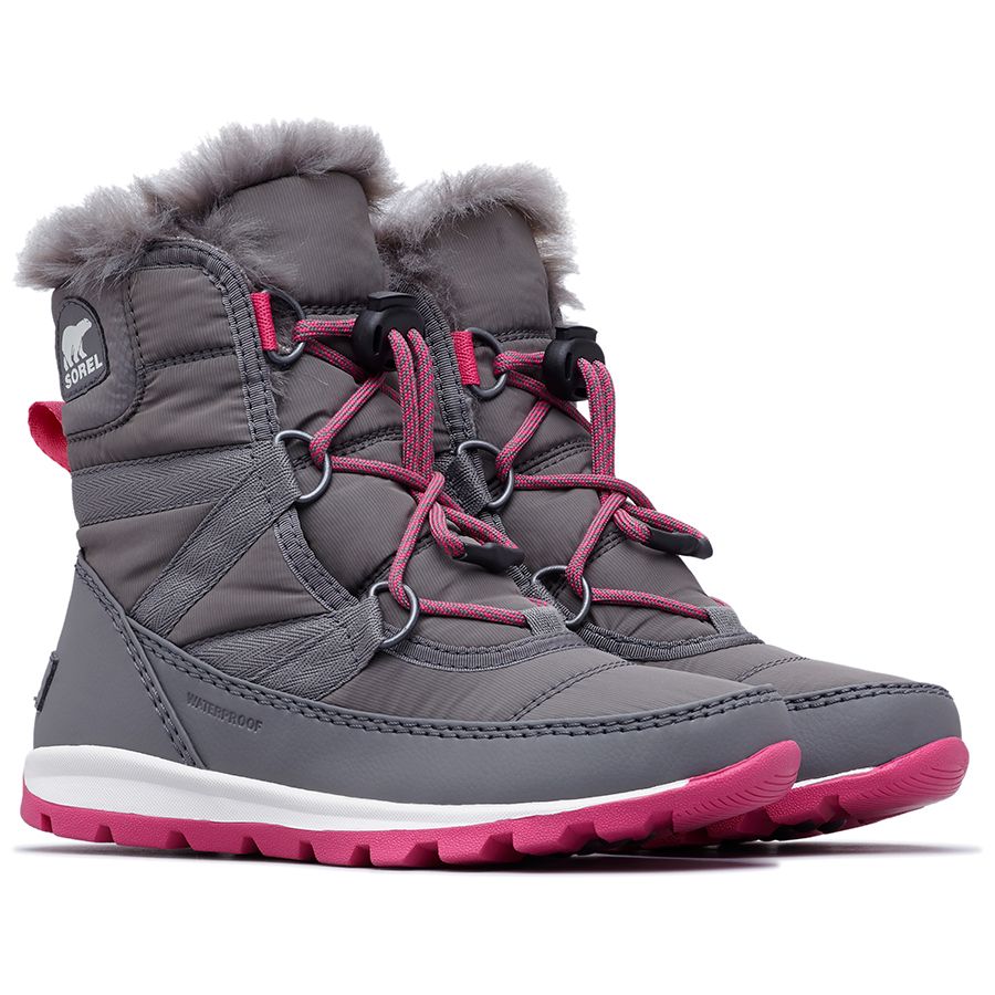 Quarry Grey With White And Pink Sorel Girl's Y Whitney Lace Waterproof Nylon With Furry Lining Sneaker Boot Sizes 1 to 6