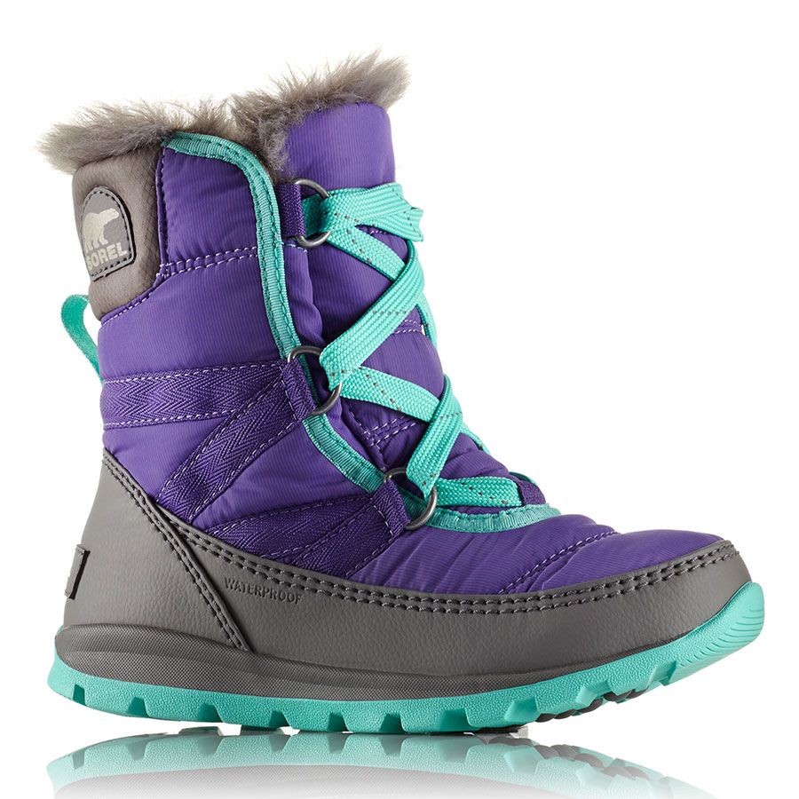 Emperor Purple With Light Blue And Grey Sorel Girl's Y Whitney Lace Waterproof Nylon With Furry Lining Sneaker Boot Sizes 1 to 6