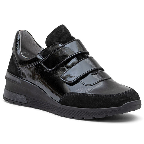 Black Ara Women's Neve Lacquered Leather And Suede Double Velcro Strap Casual Sneaker