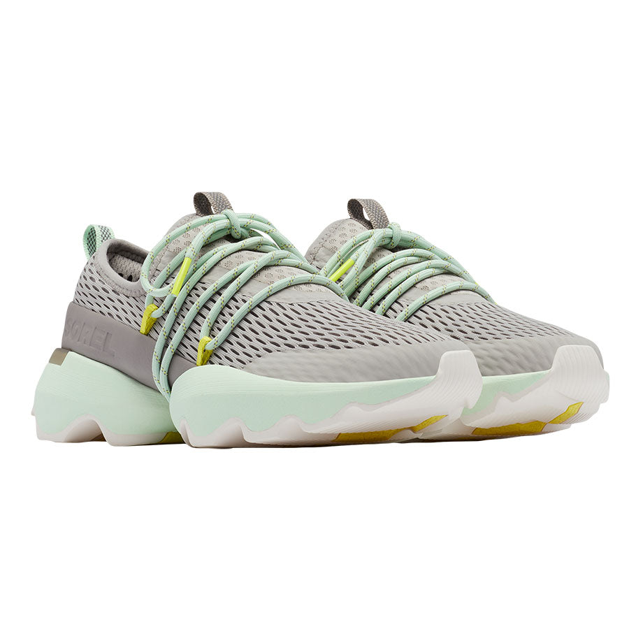 Dove Grey With Green And White Sorel Women's Kinectic Impact Lace Mesh Trail Sneaker Profile View