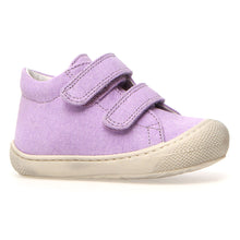 Load image into Gallery viewer, Lilac Purple With Beige Sole Naturino Infant&#39;s Cocoon Textile Double Velcro Strap Bootie Sizes 19 to 21 Profile View
