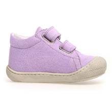 Load image into Gallery viewer, Lilac Purple With Beige Sole Naturino Infant&#39;s Cocoon Textile Double Velcro Strap Bootie Sizes 19 to 21 Side View
