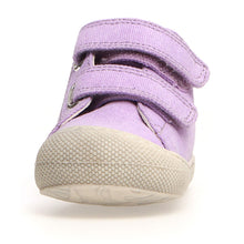 Load image into Gallery viewer, Lilac Purple With Beige Sole Naturino Infant&#39;s Cocoon Textile Double Velcro Strap Bootie Sizes 19 to 21 Front View
