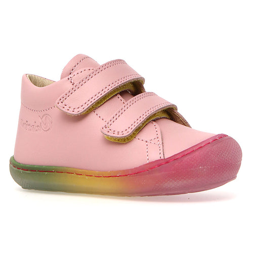 Pink With Green And Yellow And Red Gradient Sole Naturino Infant's Cocool VL Leather Double Velcro Strap Bootie Sizes 19 to 22 Profile View