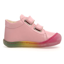 Load image into Gallery viewer, Pink With Green And Yellow And Red Gradient Sole Naturino Infant&#39;s Cocool VL Leather Double Velcro Strap Bootie Sizes 19 to 22 Side View

