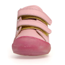 Load image into Gallery viewer, Pink With Green And Yellow And Red Gradient Sole Naturino Infant&#39;s Cocool VL Leather Double Velcro Strap Bootie Sizes 19 to 22 Front View
