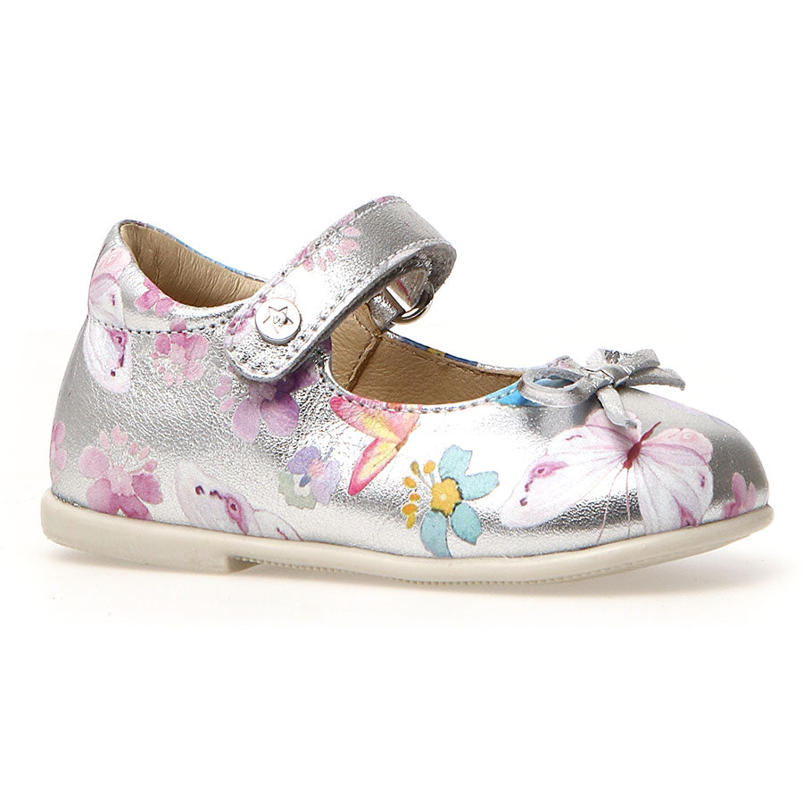 Silver With Flower And Butterfly Prints Blue With Brown Sole Naturino Infant's Ballet Mary Jane Metallic Leather Sizes 20 to 25 Profile View