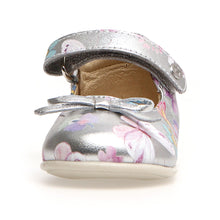 Load image into Gallery viewer, Silver With Flower And Butterfly Prints Blue With Brown Sole Naturino Infant&#39;s Ballet Mary Jane Metallic Leather Sizes 20 to 25 Front View
