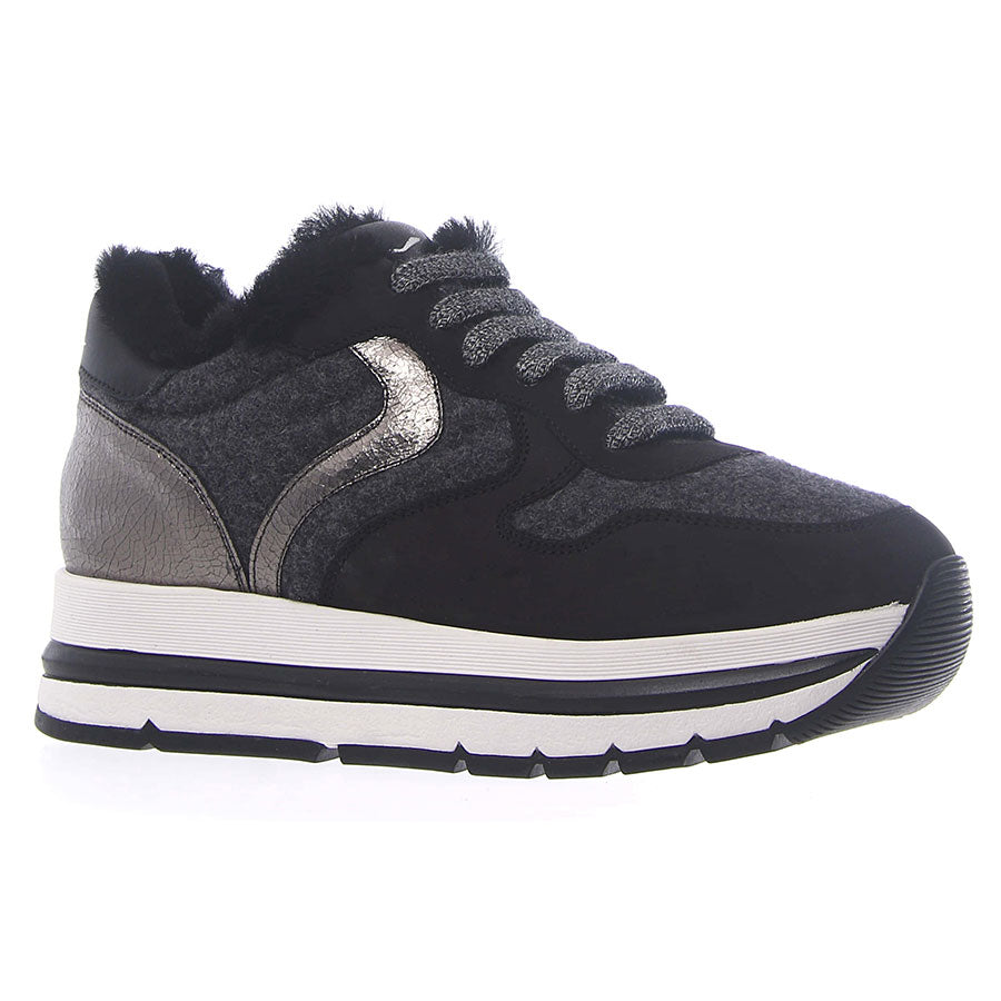 Nero Black With Grey And White And Metallic Silver Voile Blanche Women's Maran Fur Nubuck And Felt Sneaker Shearling Lined Profile View