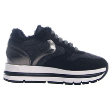 Load image into Gallery viewer, Nero Black With Grey And White And Metallic Silver Voile Blanche Women&#39;s Maran Fur Nubuck And Felt Sneaker Shearling Lined Side View
