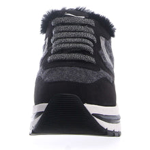 Load image into Gallery viewer, Nero Black With Grey And White And Metallic Silver Voile Blanche Women&#39;s Maran Fur Nubuck And Felt Sneaker Shearling Lined Front View
