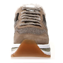 Load image into Gallery viewer, Brown With Tan And Grey And White And Metallic Silver Voile Blanche Women&#39;s Maran Fur Nubuck And Felt Sneaker Shearling Lined Front View
