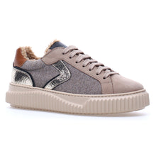 Load image into Gallery viewer, Beige With Grey And Silver Voile Blanche Women&#39;s Lipari Fur Nubuck And Felt Tennis Sneaker Shearling Lined Profile View

