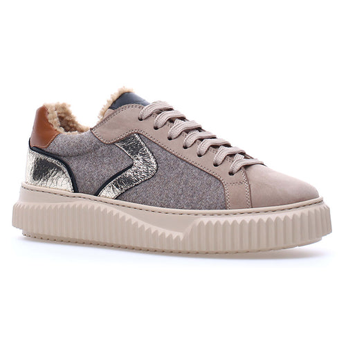 Beige With Grey And Silver Voile Blanche Women's Lipari Fur Nubuck And Felt Tennis Sneaker Shearling Lined Profile View