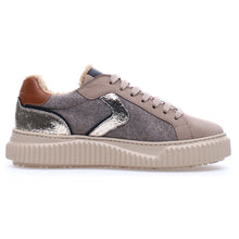 Load image into Gallery viewer, Beige With Grey And Silver Voile Blanche Women&#39;s Lipari Fur Nubuck And Felt Tennis Sneaker Shearling Lined Side View
