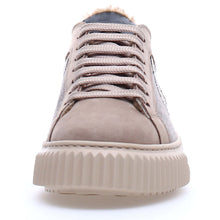 Load image into Gallery viewer, Beige With Grey And Silver Voile Blanche Women&#39;s Lipari Fur Nubuck And Felt Tennis Sneaker Shearling Lined Front View
