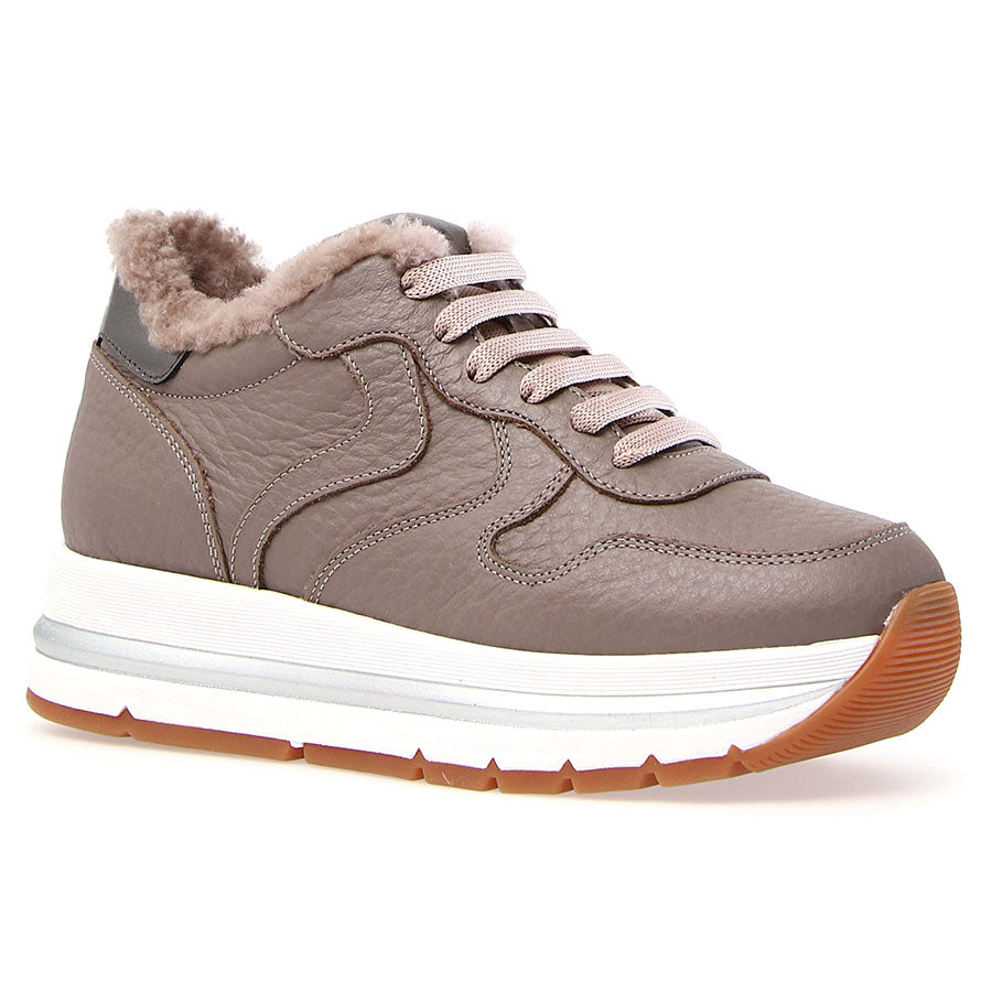 Taupe Grey With White And Tan Sole Voile Blanche Women's Maran Macro Bottled Leather Shearling Lined Sneaker Profile View