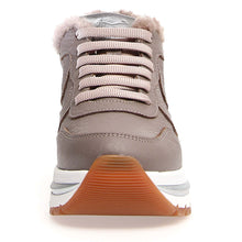 Load image into Gallery viewer, Taupe Grey With White And Tan Sole Voile Blanche Women&#39;s Maran Macro Bottled Leather Shearling Lined Sneaker Front View
