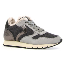 Load image into Gallery viewer, Light Grey And Dark Grey And Beige And Black Voile Blanche Women&#39;s Julia Fur Nubuck And Felt Sneaker Profile View
