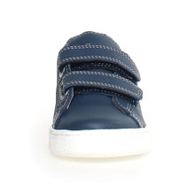Load image into Gallery viewer, Blue And White Naturino Boy&#39;s Hasselt 2 VL Perforated Leather Double Velcro Strap Casual Sneaker Sizes 25 to 26 Front View
