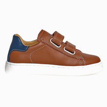 Load image into Gallery viewer, Cognac Brown With Blue And White Sole Naturino Boy&#39;s Hasselt 2 VL Perforated Leather Double Velcro Strap Casual Sneaker Sizes 25 to 26 Side View
