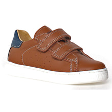 Load image into Gallery viewer, Cognac Brown With Blue And White Sole Naturino Boy&#39;s Hasselt 2 VL Perforated Leather Double Velcro Strap Casual Sneaker Sizes 27 to 32 Profile View
