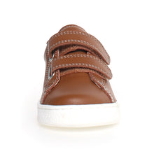 Load image into Gallery viewer, Cognac Brown With Blue And White Sole Naturino Boy&#39;s Hasselt 2 VL Perforated Leather Double Velcro Strap Casual Sneaker Sizes 27 to 32 Front View
