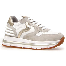 Load image into Gallery viewer, Grey And White And Tan With Gold Trim Voile Blanche Women&#39;s Maran Power Suede And Fabric Sneaker Profile View
