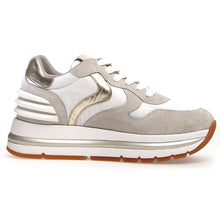 Load image into Gallery viewer, Grey And White And Tan With Gold Trim Voile Blanche Women&#39;s Maran Power Suede And Fabric Sneaker Side View
