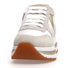 Load image into Gallery viewer, Grey And White And Tan With Gold Trim Voile Blanche Women&#39;s Maran Power Suede And Fabric Sneaker Front View
