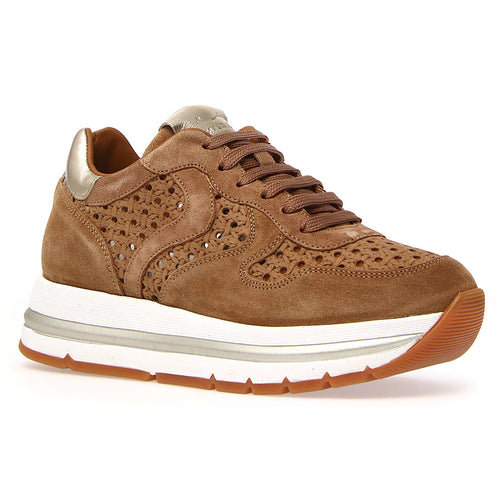 Brown With White And Tan And Metallic Gold Voile Blanche Women's Maran Mesh Suede Sneaker Profile View